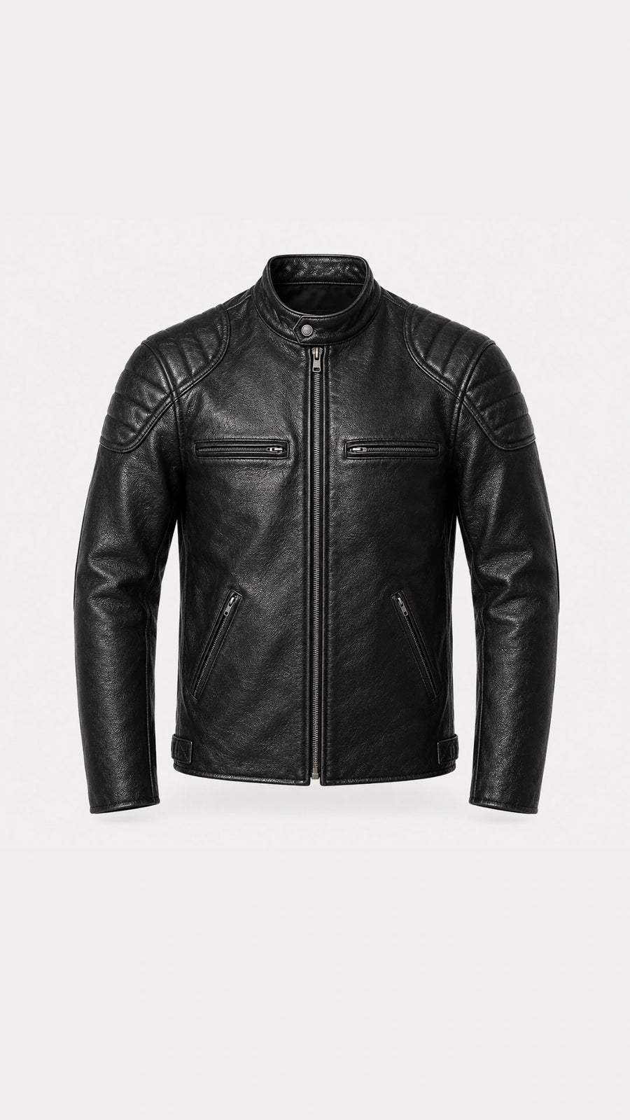 Men's black leather biker jacket in vintage matte cowhide, front view