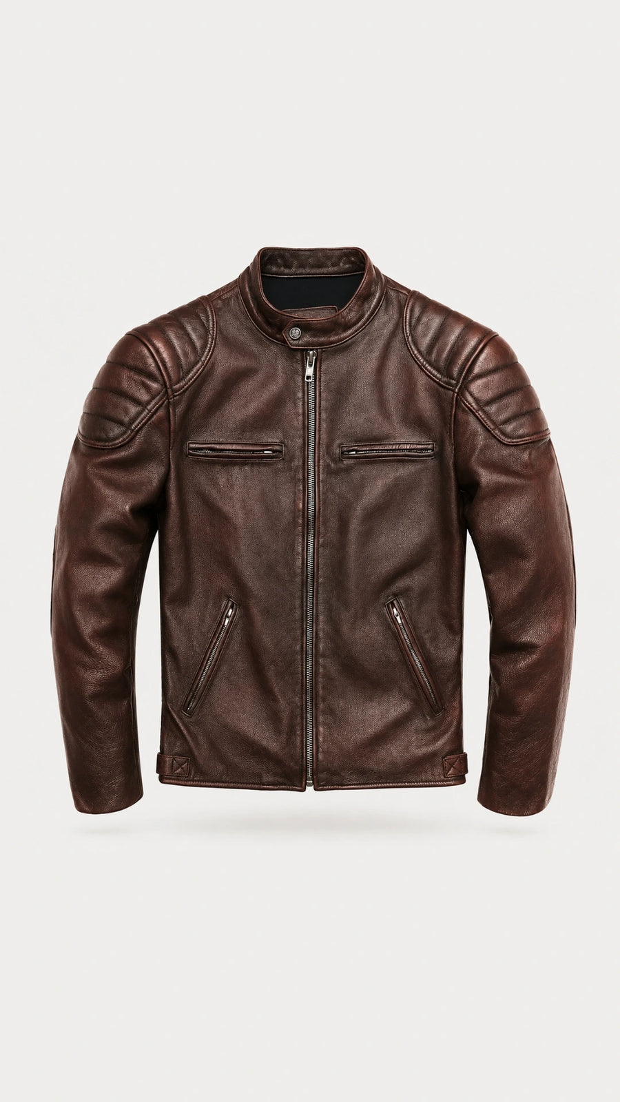 Men's vintage brown leather biker jacket, front view