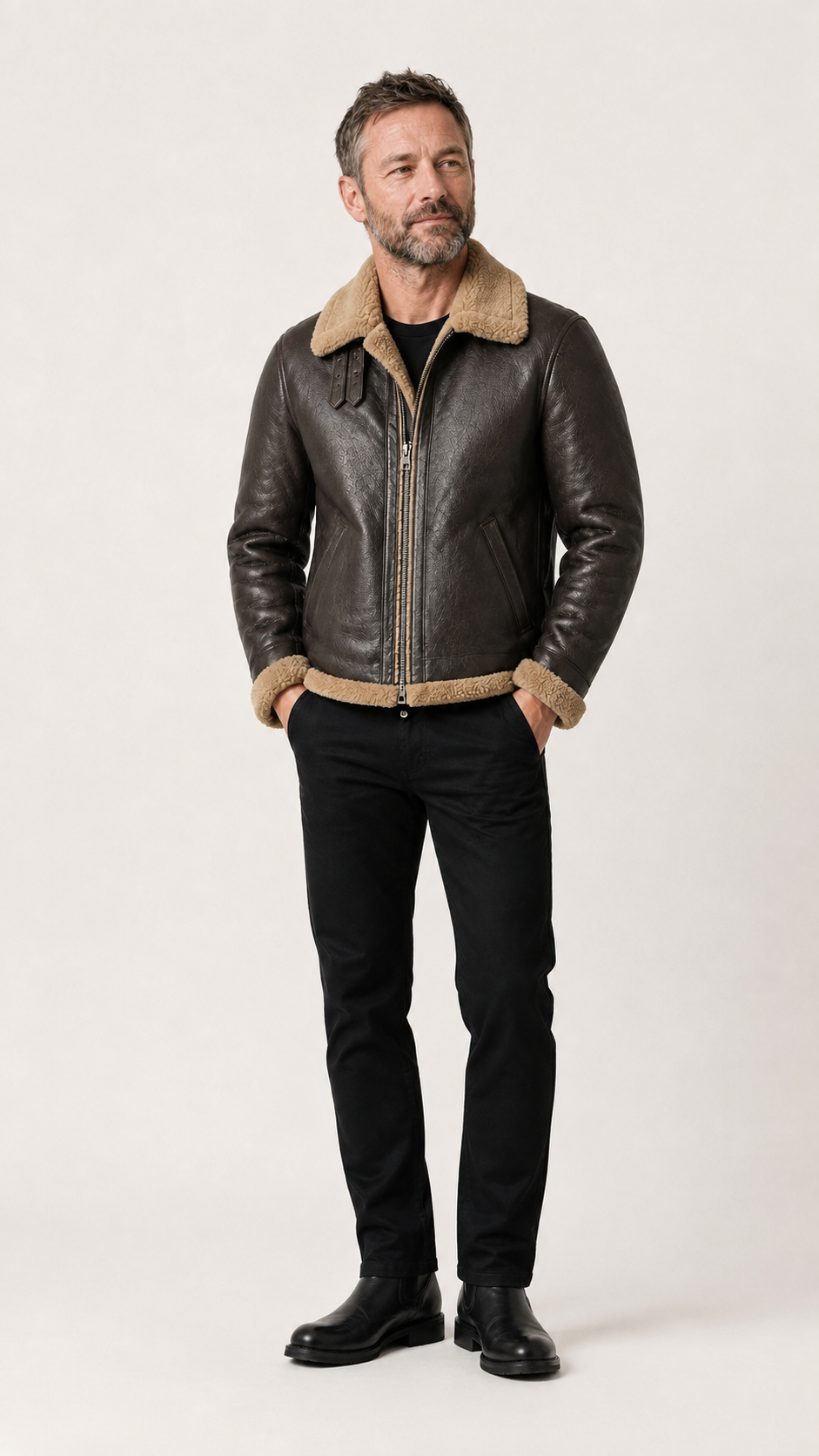 Full-length shot of a man in the brown shearling B-3 jacket — British model
