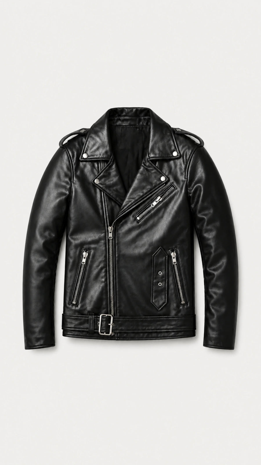 Men's black sheepskin double rider biker jacket with asymmetric zip, front view