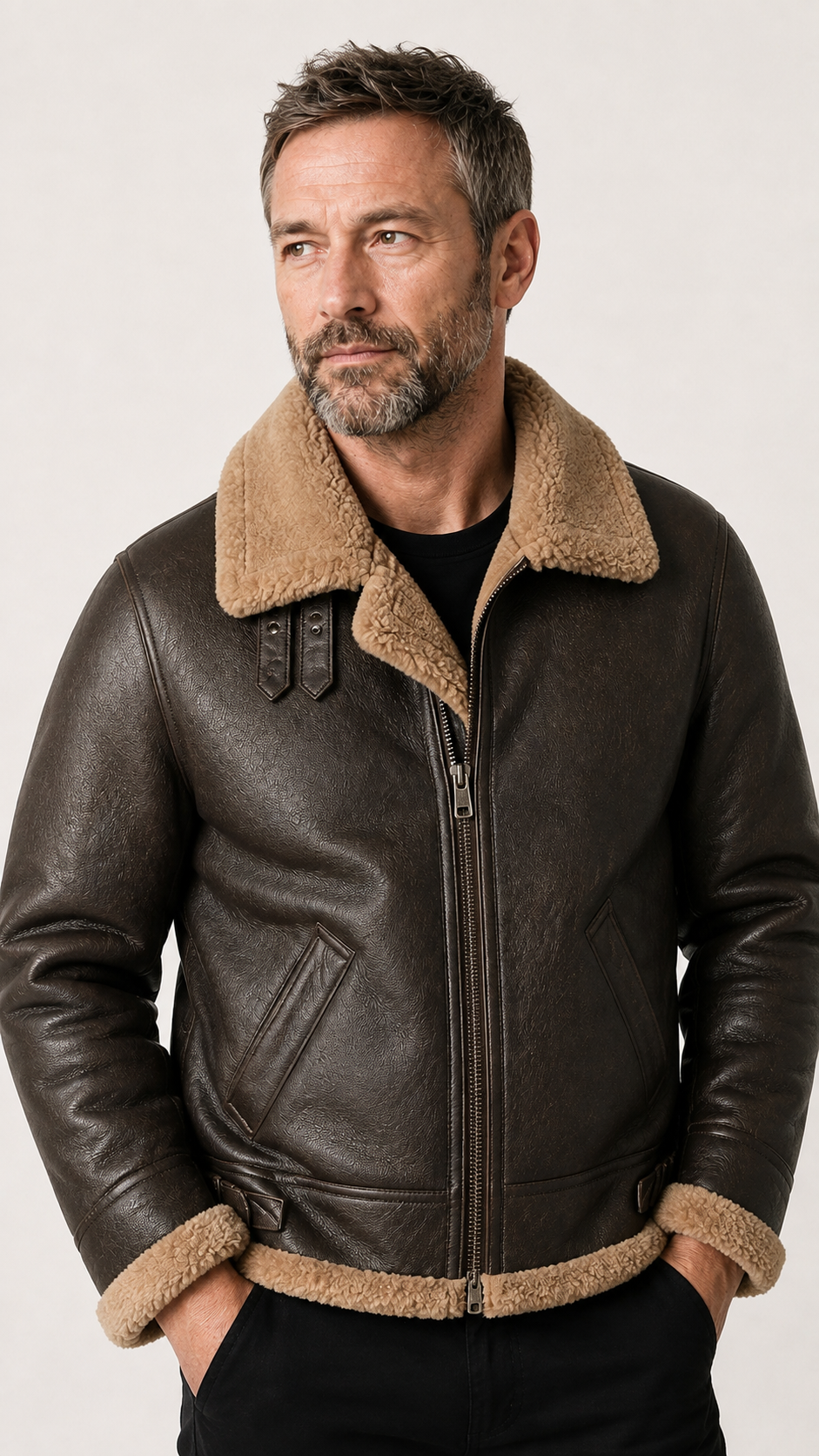 Man in the brown B-3 jacket with the shearling collar turned up — British model