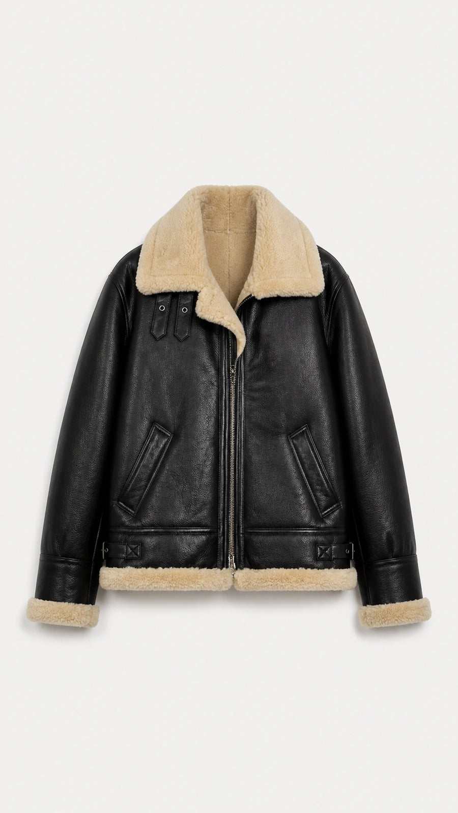 Men's black B-3 shearling flight jacket with cream wool collar, front view
